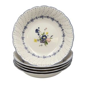Vtg Nikko Japan Blue Peony Flora Dot Scalloped Rim Soup Salad Bowls Set of 5